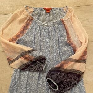 Sundance 100% Silk Boho Floral Blouse Blush Blue Peach Gold Ruching
